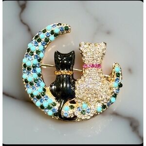 Elegant Cat Moon Brooch Women Sparkling Rhinestone‎ Cat Pin